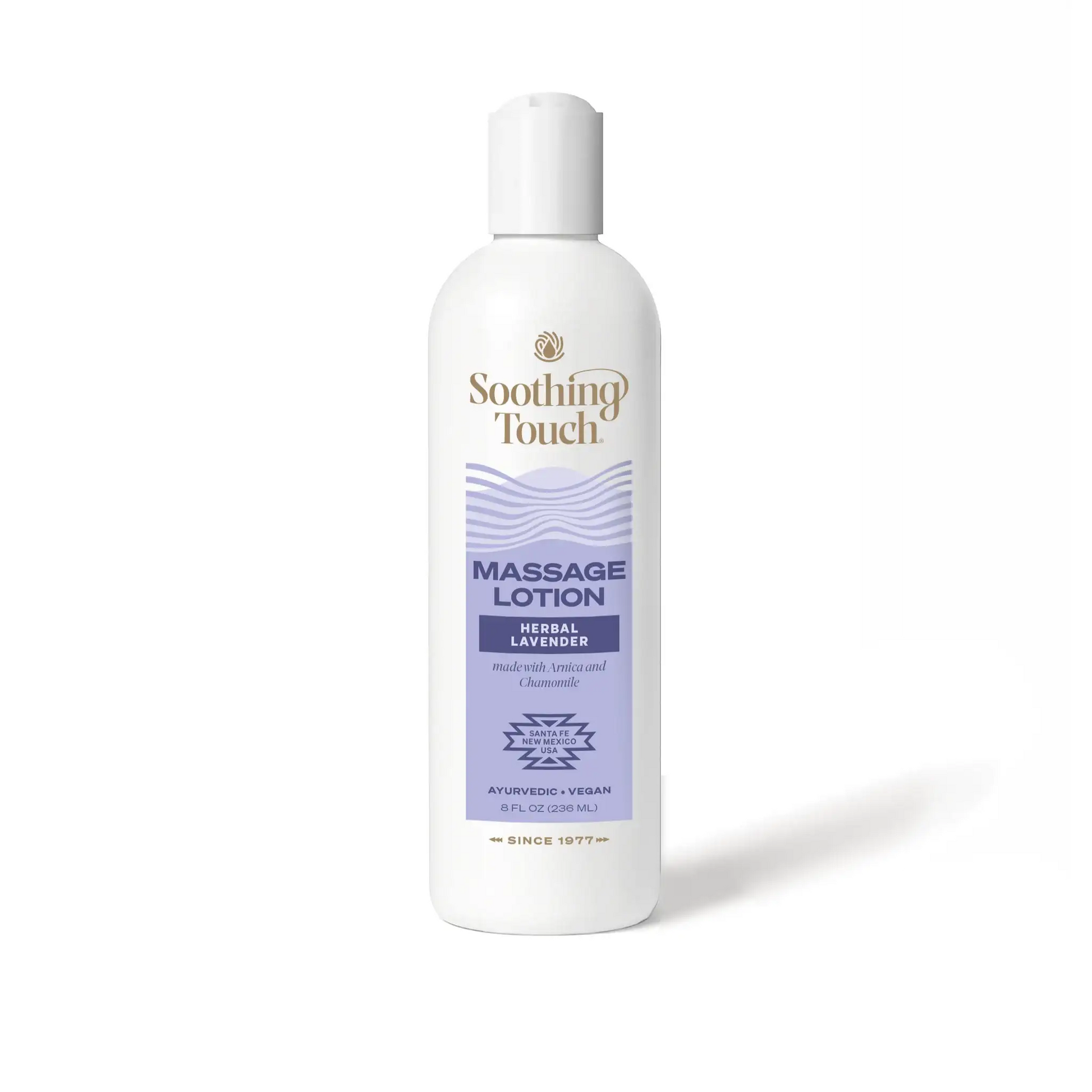 Soothing Touch Herbal Lavender Massage Lotion, 8 oz retail pump bottle of plant-based lavender Ayurvedic lotion