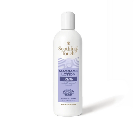 Soothing Touch Herbal Lavender Massage Lotion, 8 oz retail pump bottle of plant-based lavender Ayurvedic lotion