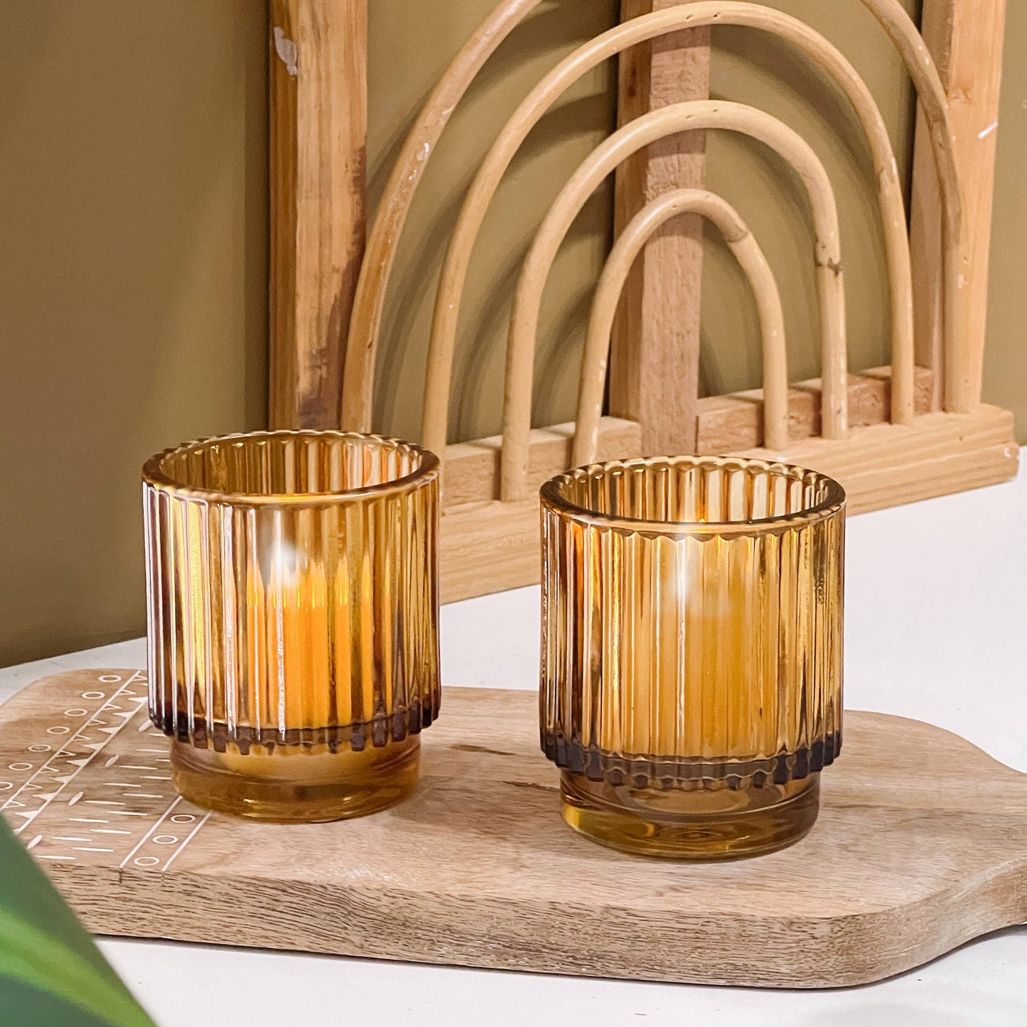 Ribbed amber glass votive candle holders, set of 6