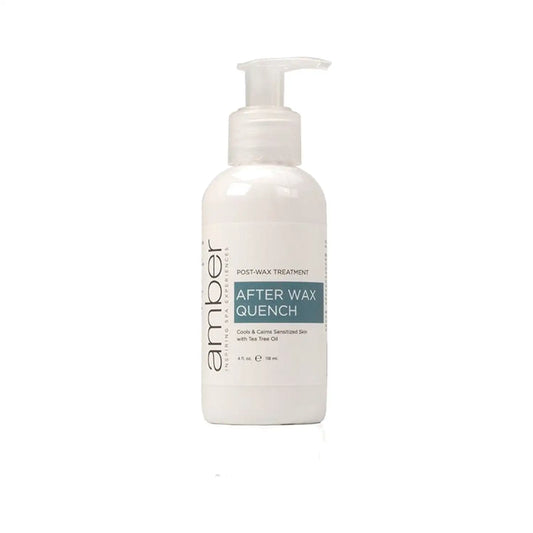 Amber Products After-Wax Quench 4 oz pump bottle, post-wax soothing treatment with tea tree oil, shea butter, jojoba oil, and vitamin E