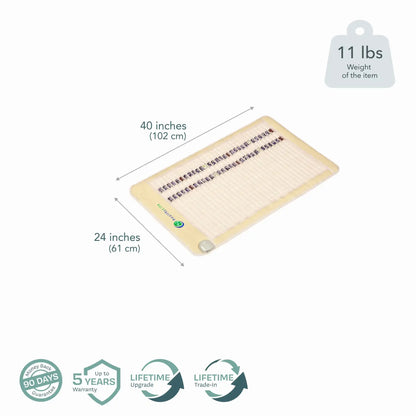 HealthyLine SOFT FAR Infrared Heating Mat 40x24 inch dimensions with warranty icons and power plug