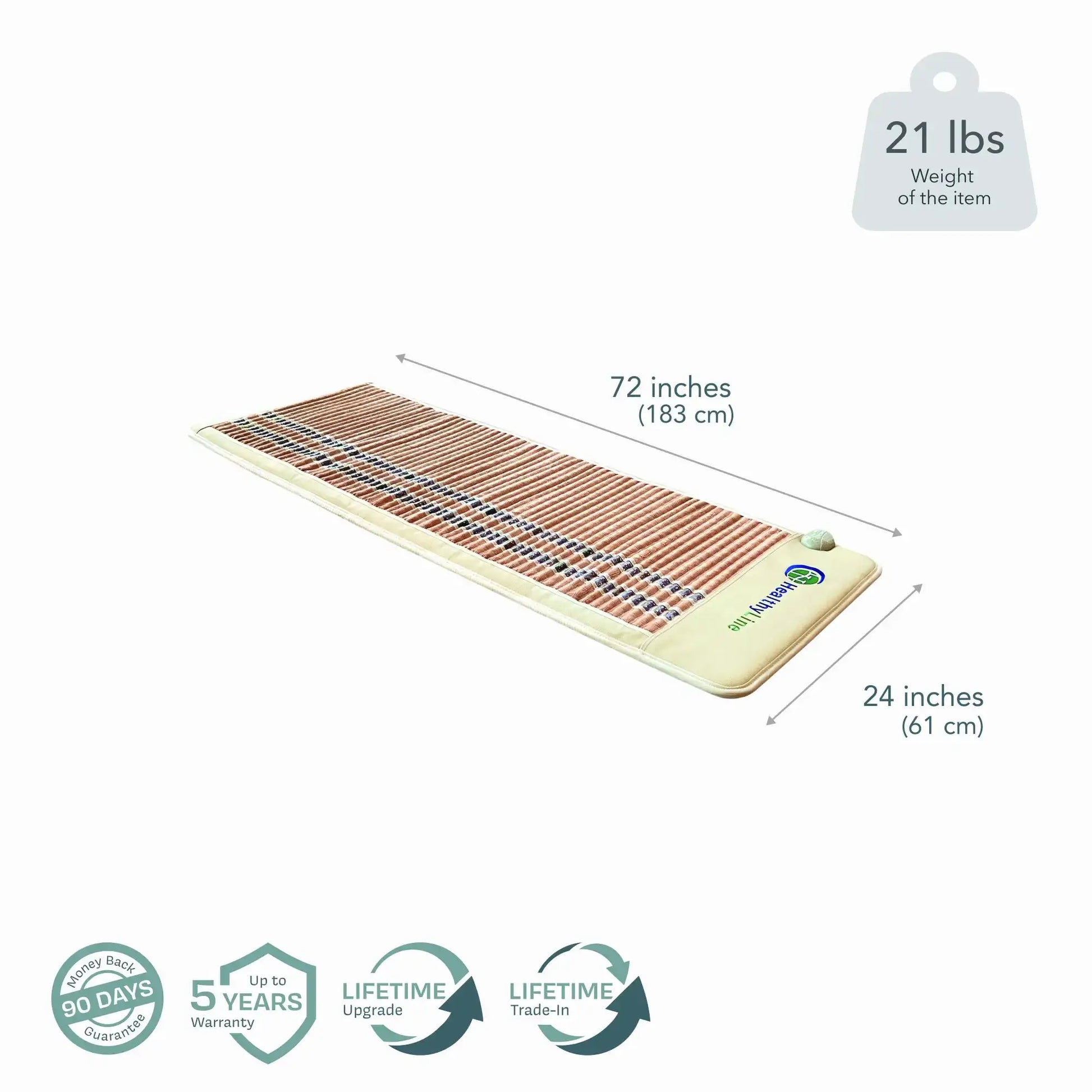 72x24 inch HealthyLine infrared heating mat showing dimensions and warranty icons