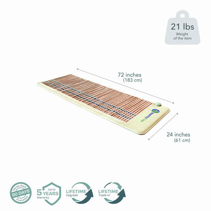 72x24 inch HealthyLine infrared heating mat showing dimensions and warranty icons