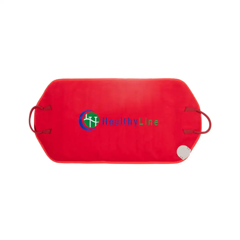 Top-down view of red HealthyLine therapeutic mat showing logo, handles, and control unit