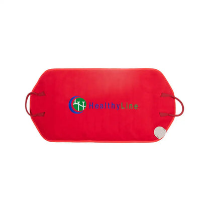 Top-down view of red HealthyLine therapeutic mat showing logo, handles, and control unit