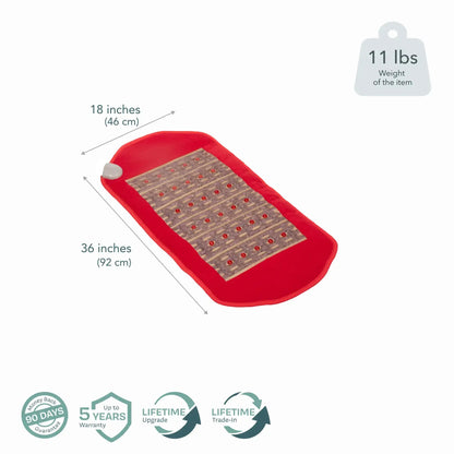 36x18 inch red HealthyLine PEMF infrared heating mat with dimensions and warranty details
