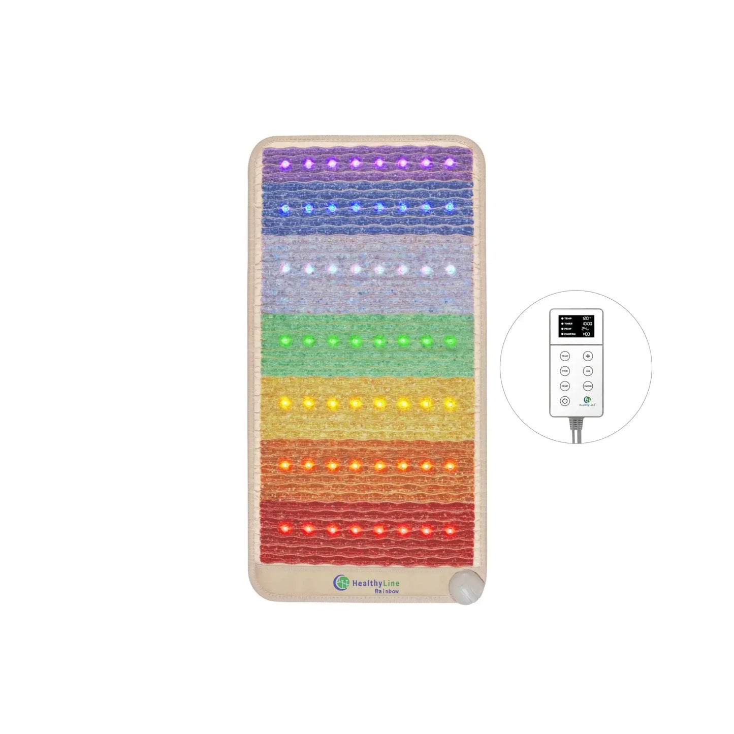 HealthyLine Rainbow Chakra mat front view with remote control displaying temperature and timer settings