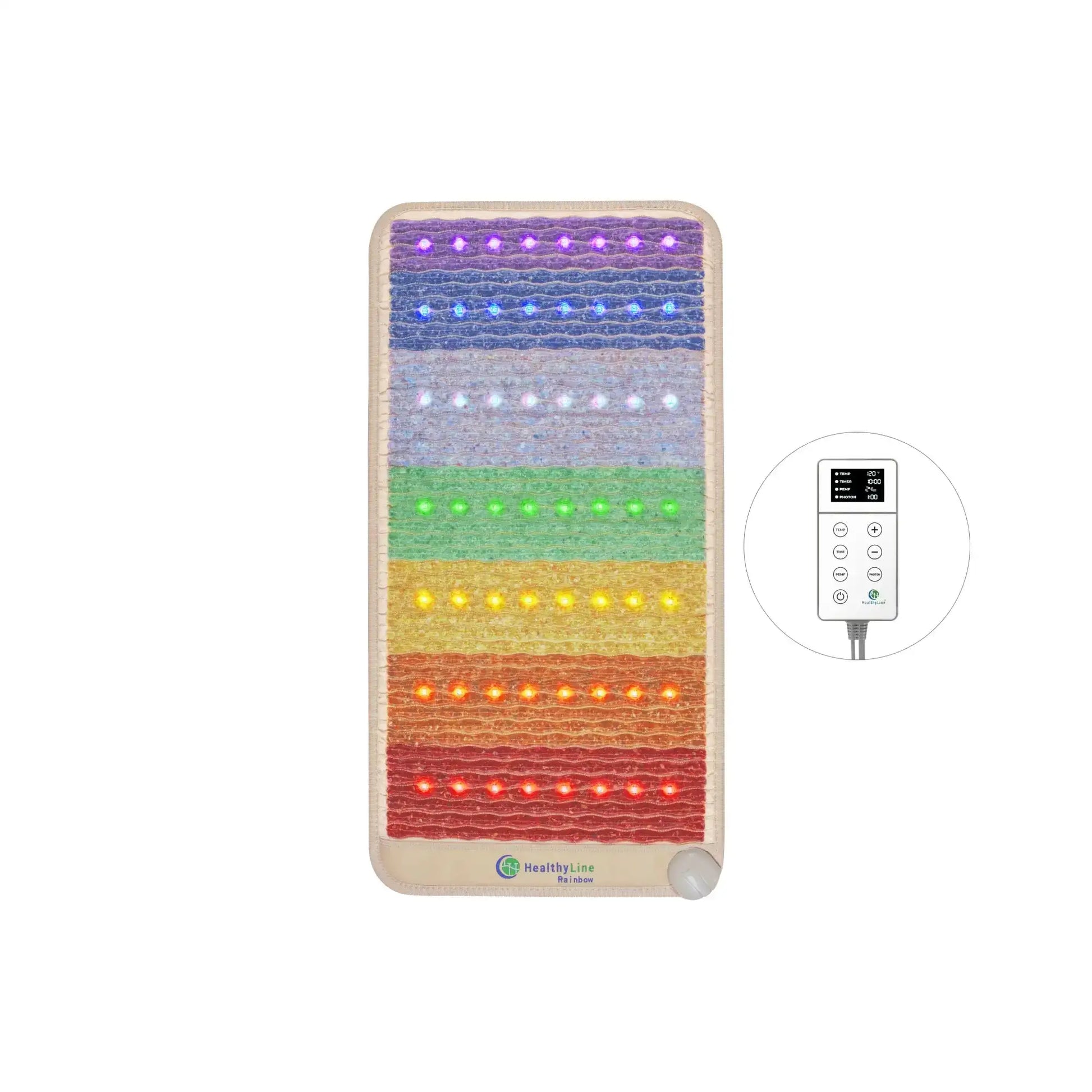 HealthyLine Rainbow Chakra mat front view with remote control displaying temperature and timer settings