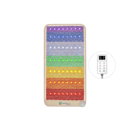 HealthyLine Rainbow Chakra mat front view with remote control displaying temperature and timer settings