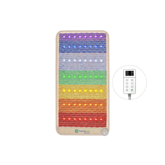 HealthyLine Rainbow Chakra mat front view with remote control displaying temperature and timer settings