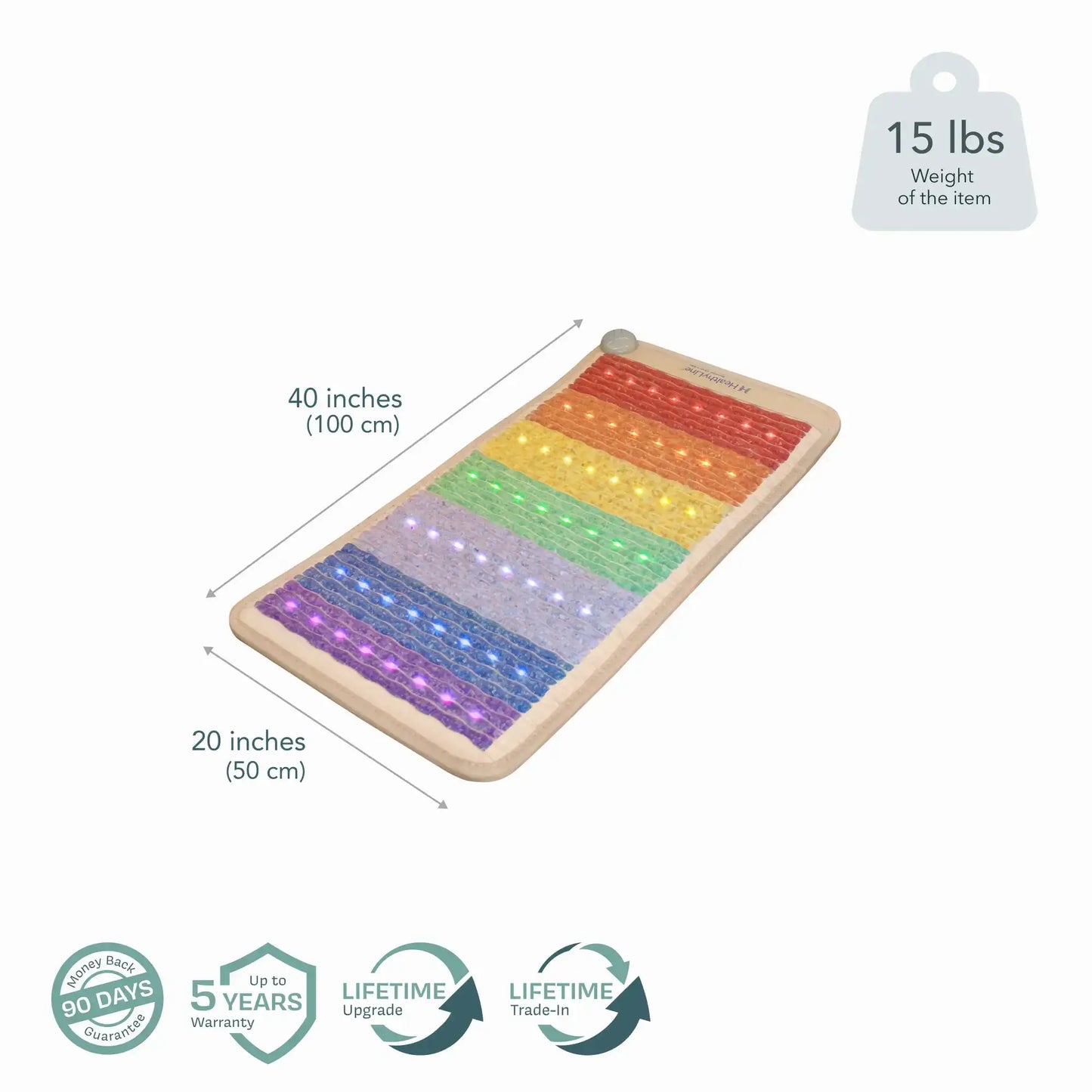 HealthyLine 40x20 inch rainbow chakra heating mat top view with control knob and warranty badges