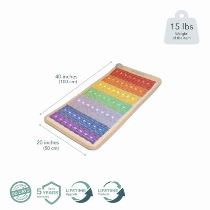 HealthyLine 40x20 inch rainbow chakra heating mat top view with control knob and warranty badges
