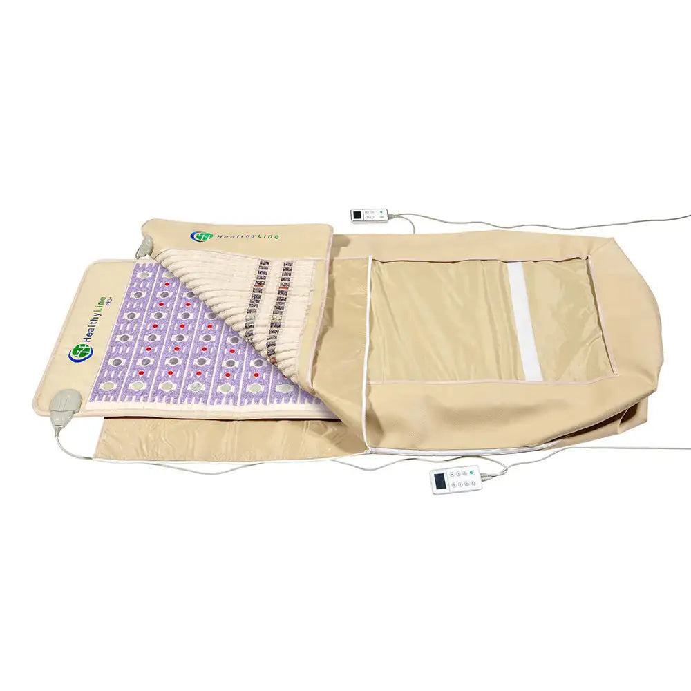 HealthyLine Taj 360 Wrap Set beige full body wrap with purple PEMF mat and control units