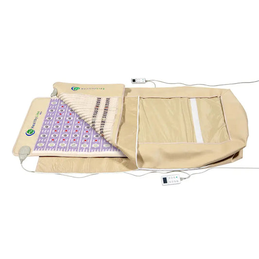 HealthyLine Taj 360 Wrap Set beige full body wrap with purple PEMF mat and control units