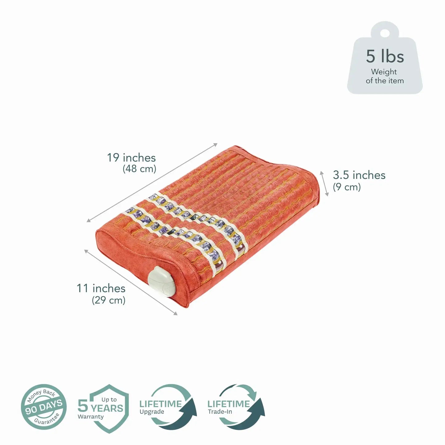 Orange-brown therapeutic cushion with gemstone bands and warranty icons