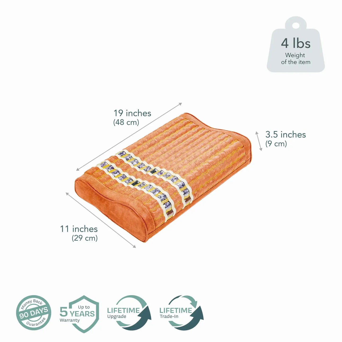 Terracotta ergonomic heated cushion with gemstone therapy dimensions
