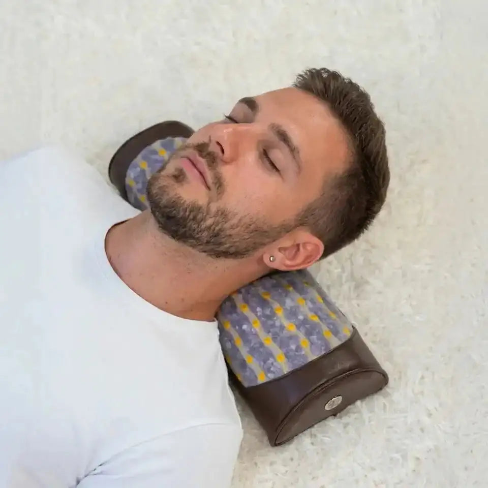 Men's neck support using HealthyLine amethyst heated bolster