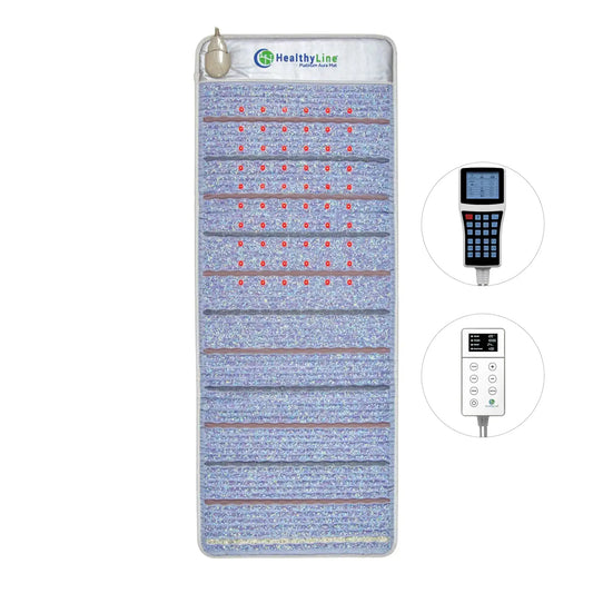 HealthyLine Platinum Aura Pro Plus PEMF infrared heating mat with red LED lights and digital controller