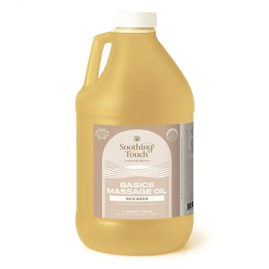 Soothing Touch Rice Bran Massage Oil 1 gallon jug with golden liquid and Ayurvedic label
