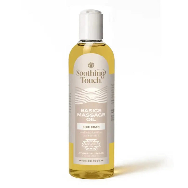 Soothing Touch Rice Bran Massage Oil 8oz bottle with flip-top cap for skin hydration