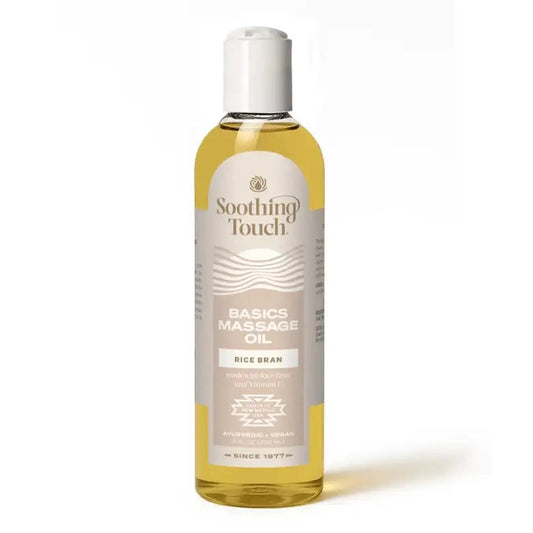 Soothing Touch Rice Bran Massage Oil 8oz bottle with flip-top cap for skin hydration