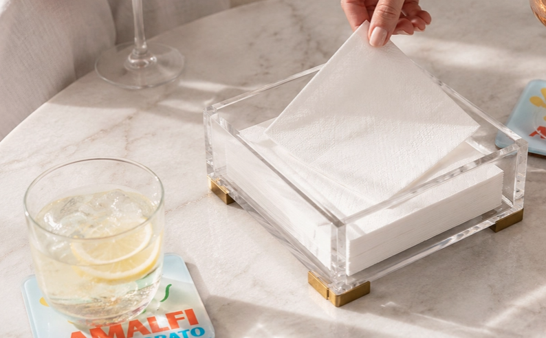 Clear Acrylic Napkin Holder  with Brass Accents