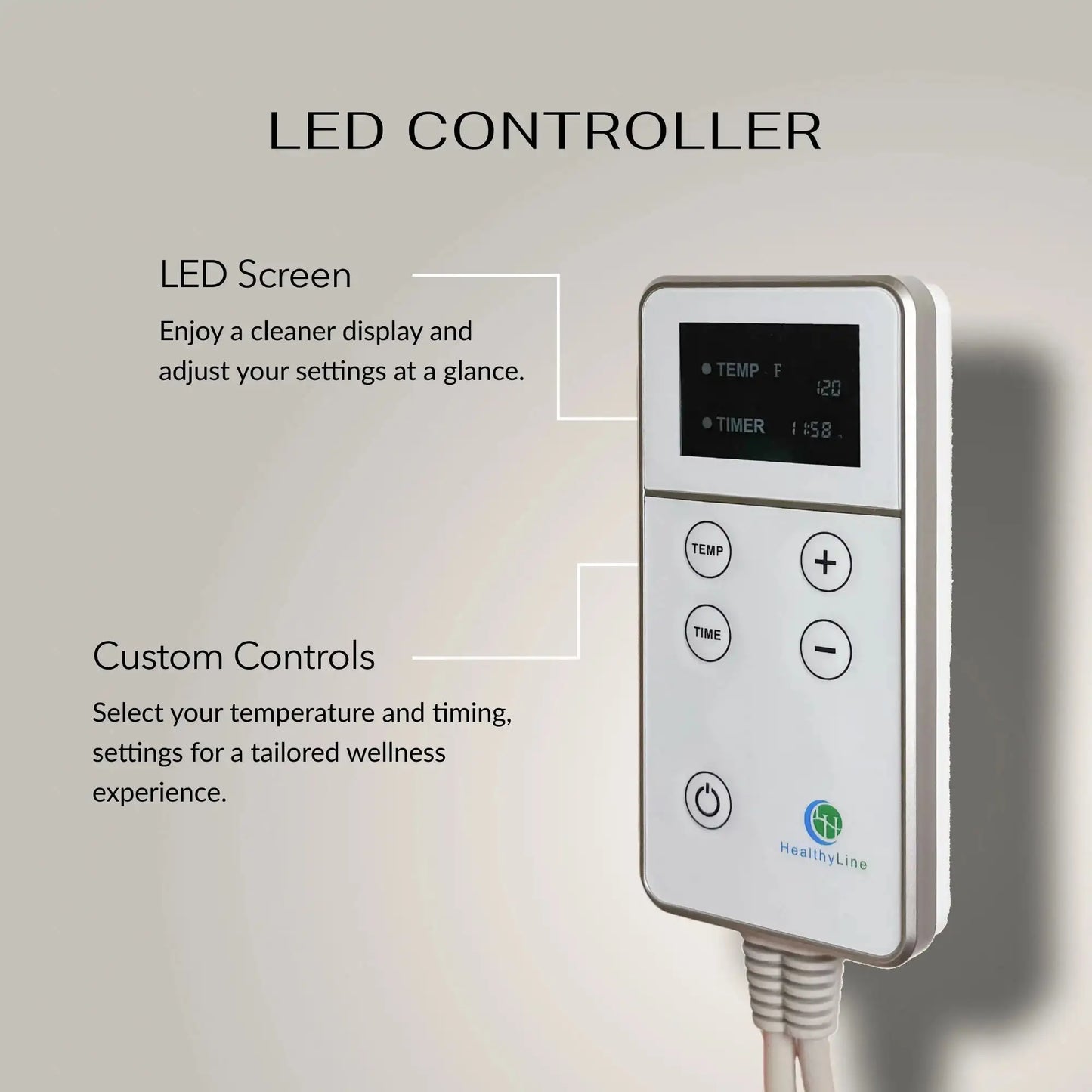 White LED controller for HealthyLine heating pad showing temp and timer settings