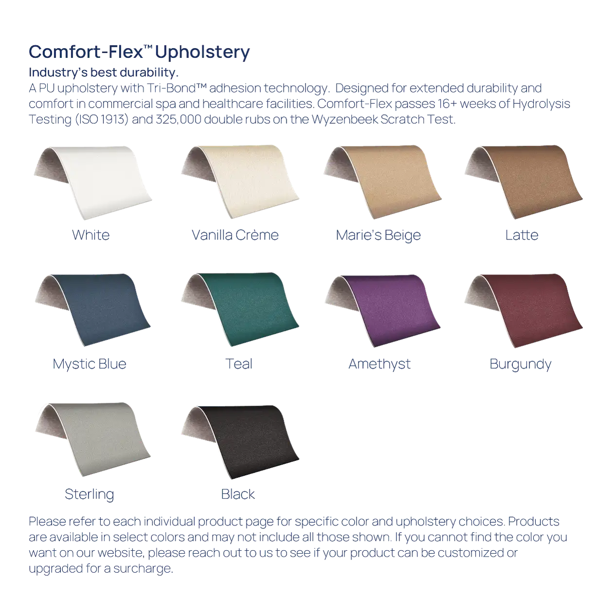 Earthlite Full Round Bolster color options including Vanilla Creme, Marie's Beige, Latte, Mystic Blue, Teal