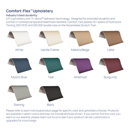Earthlite Full Round Bolster color options including Vanilla Creme, Marie's Beige, Latte, Mystic Blue, Teal