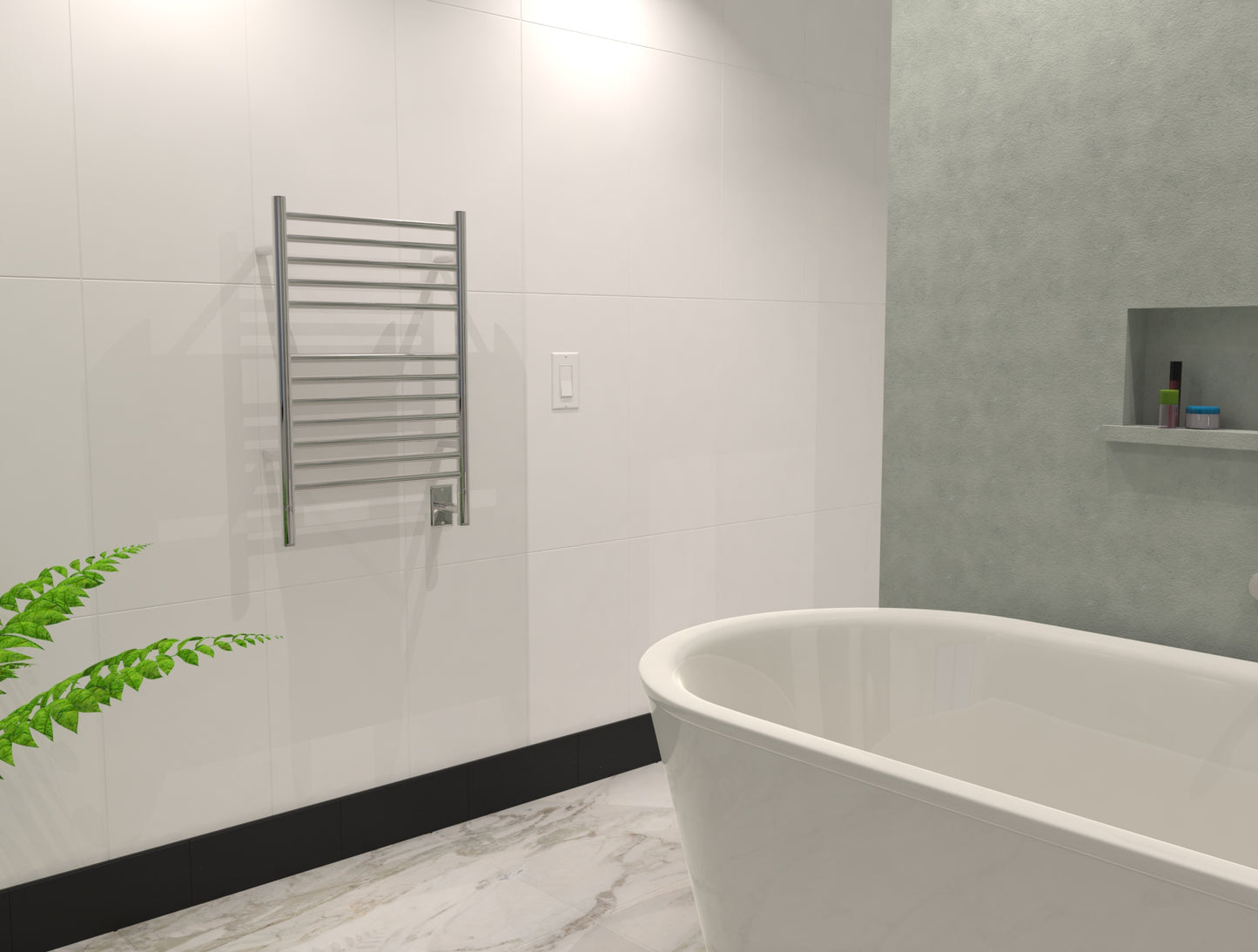 Jeeves Model E Straight towel warmer mounted in a bathroom