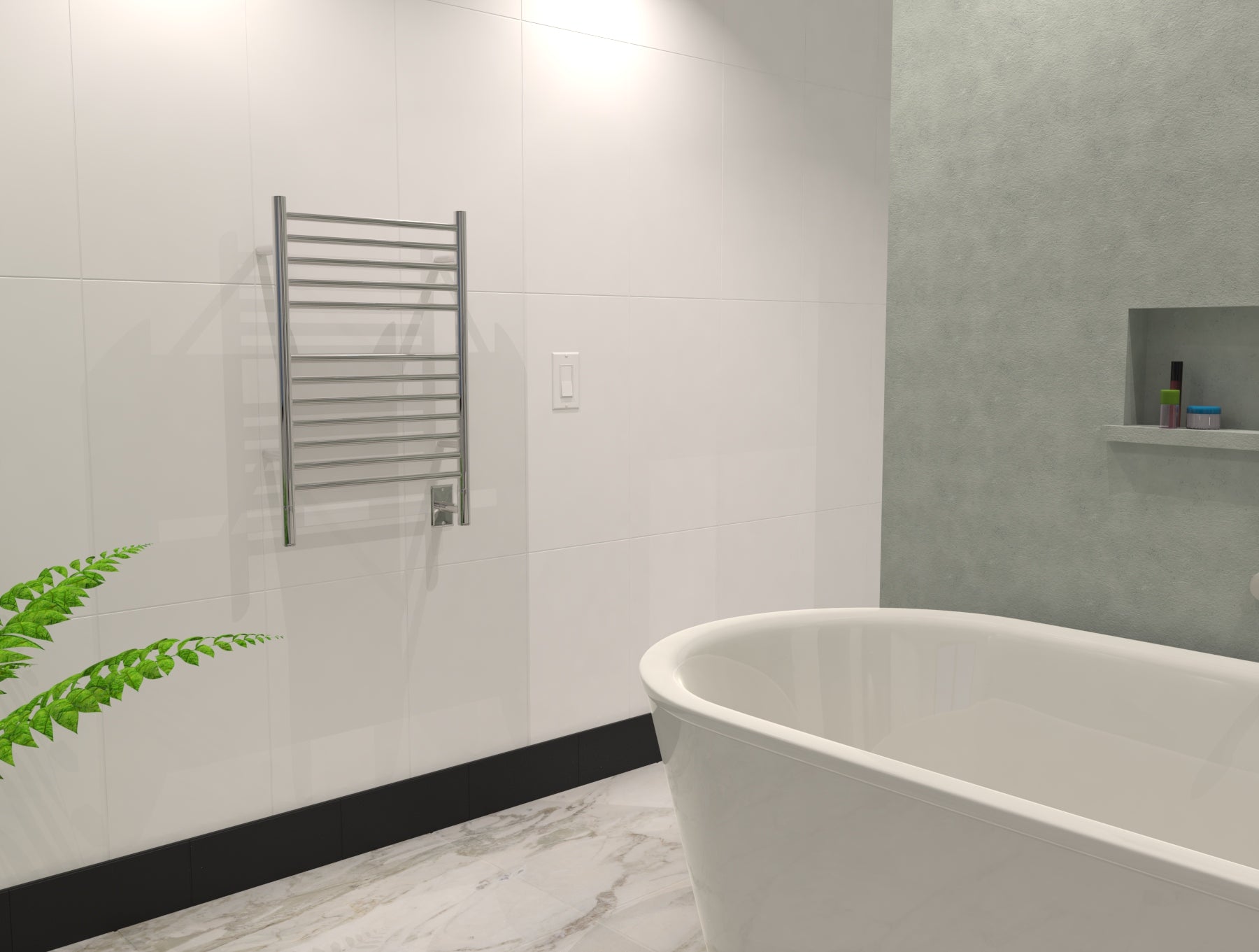 Jeeves Model E Straight towel warmer mounted in a bathroom