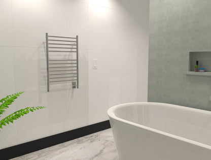 Jeeves Model E Straight towel warmer mounted in a bathroom