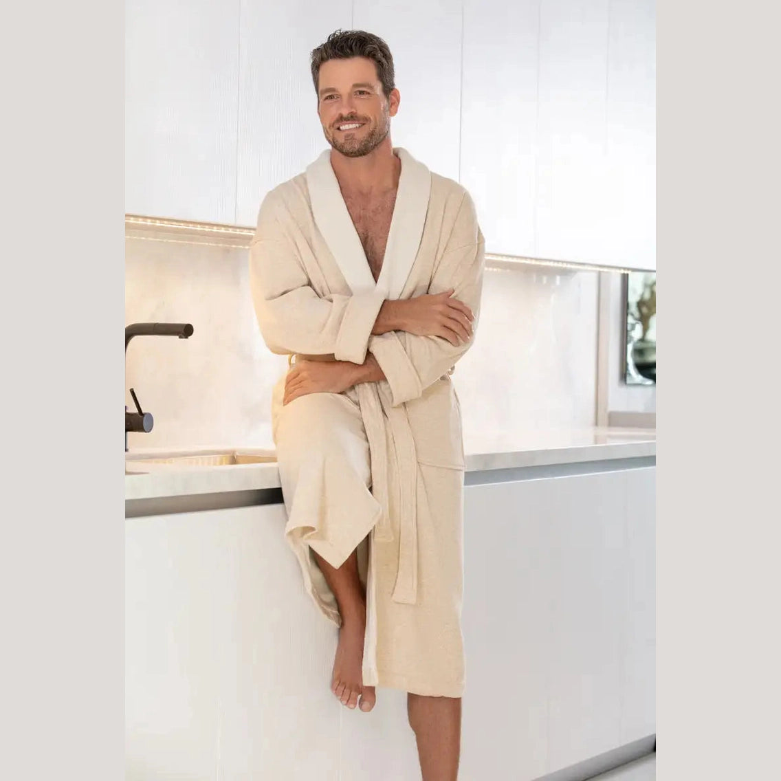 Boca Terry Jersey Fabric Shawl Collar Robe - Ecru