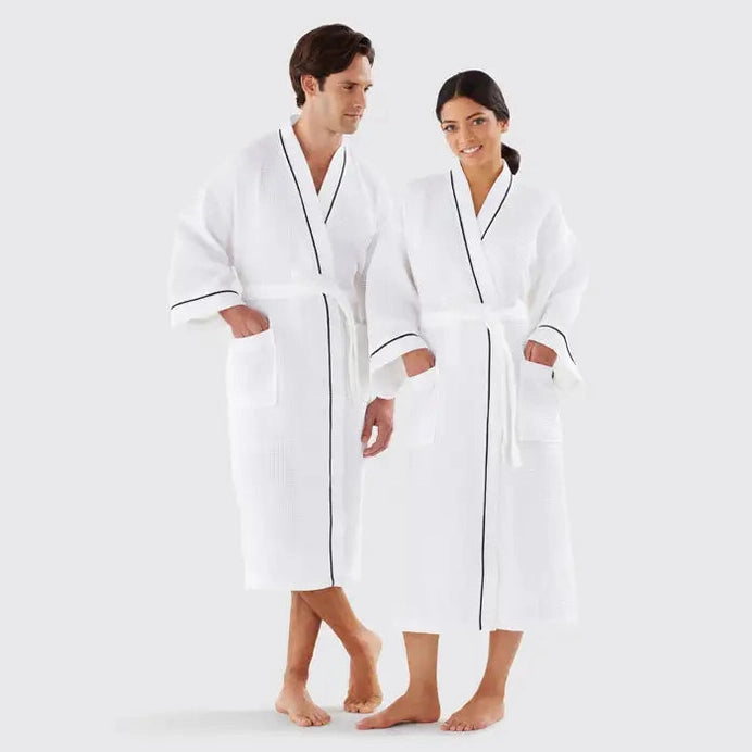 Boca Terry Basic Waffle Kimono Robe w/Black Piping