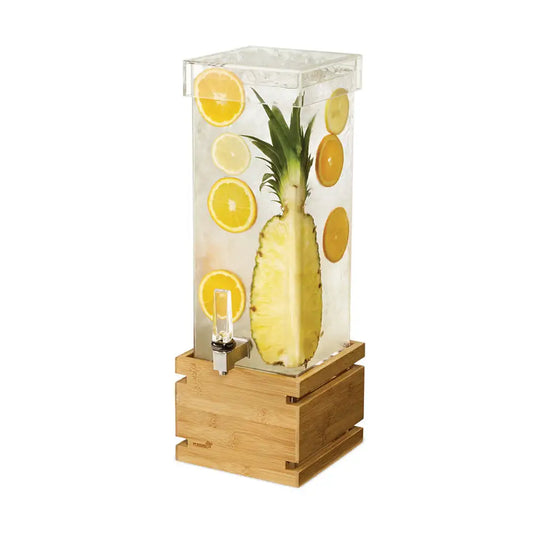 Square 2 Gal. Beverage Dispenser with Bamboo Base and Capped Lid- 1 EA 7.6 L