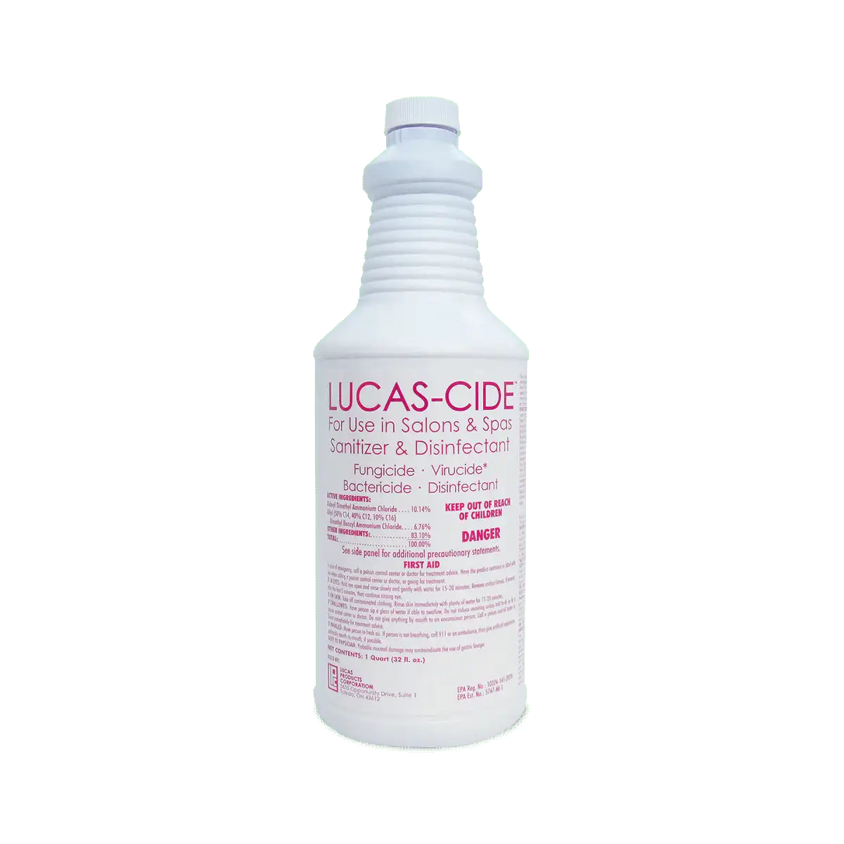 Lucas-Cide pink disinfectant concentrate bottle for salons and spas