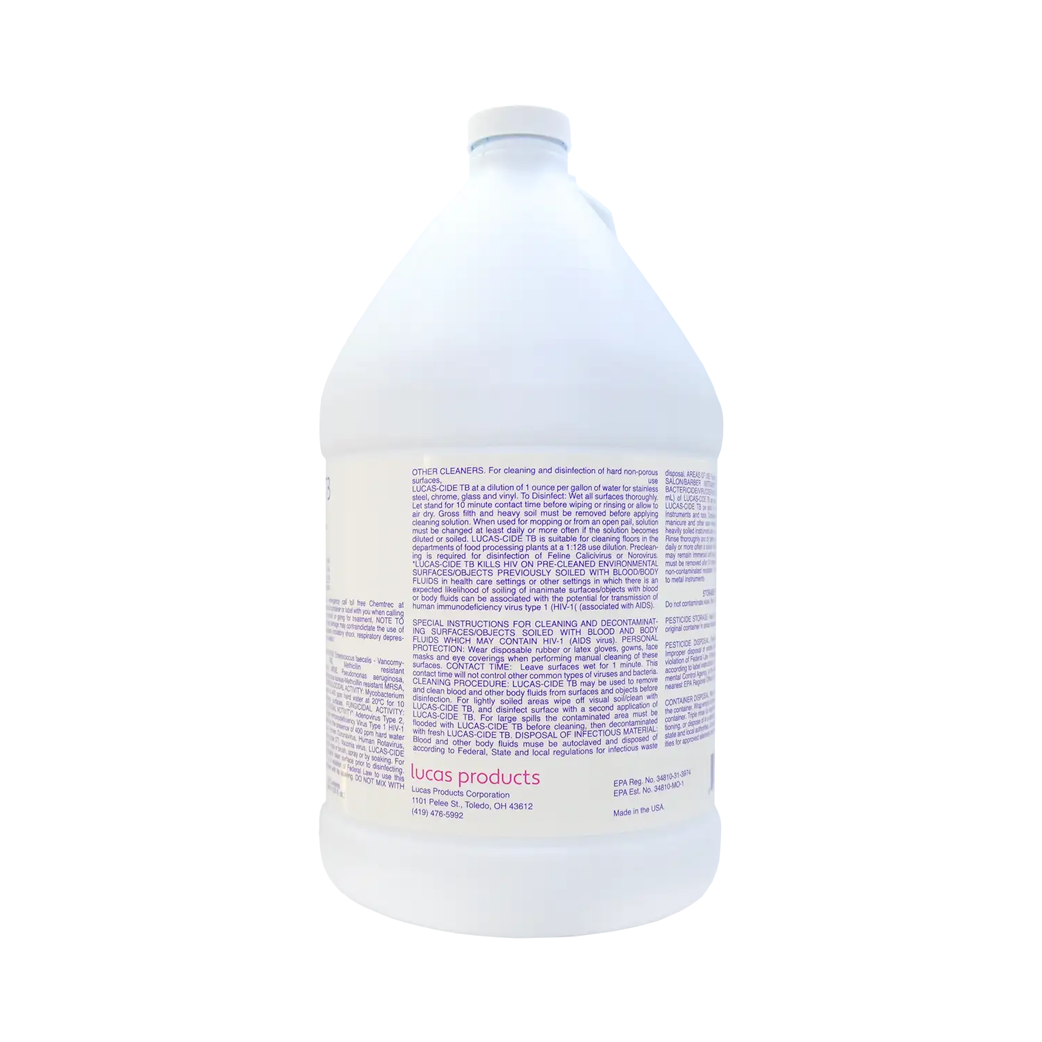 Lucas-Cide TB Disinfectant Gallon Back Label Instructions