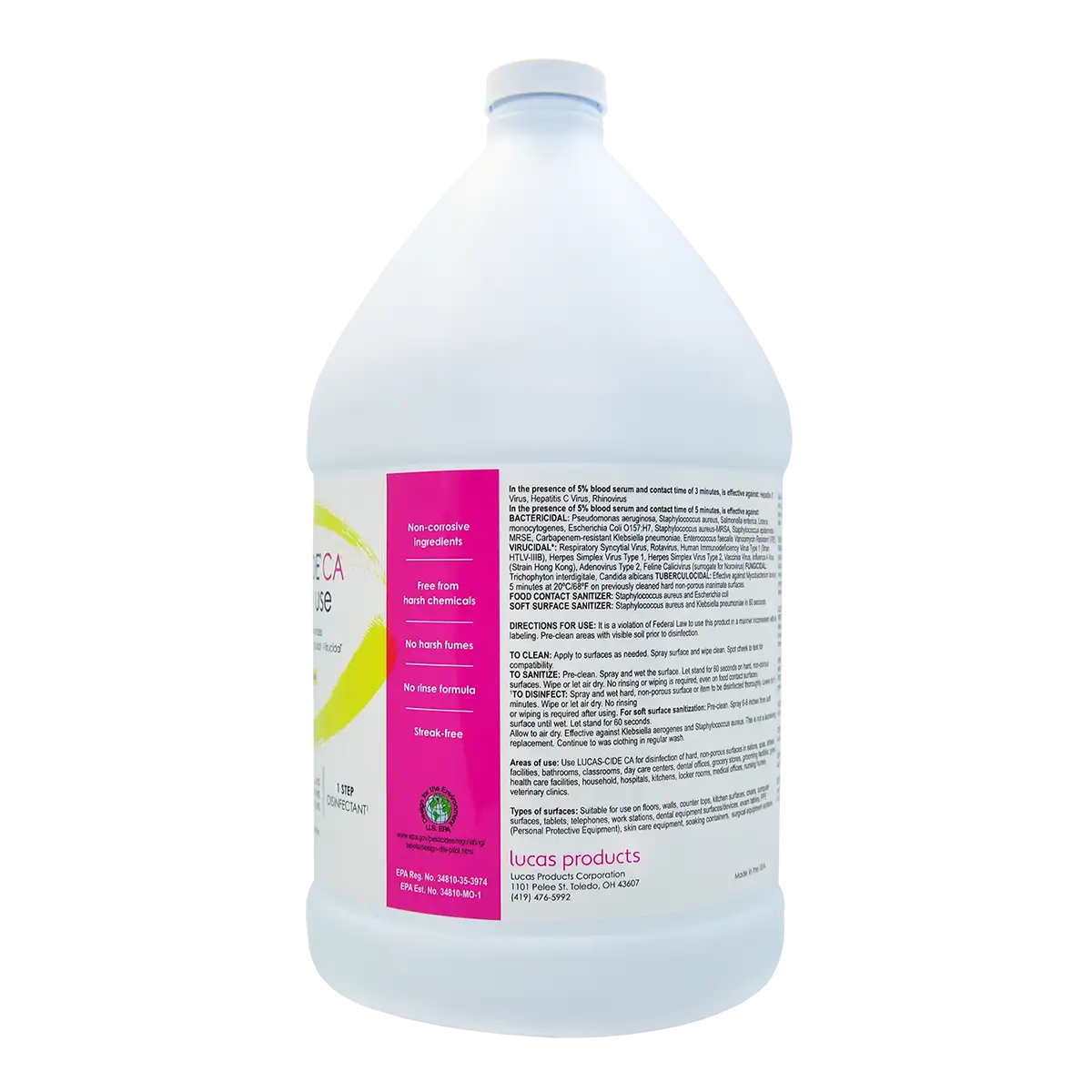 Lucas-Cide CA disinfectant gallon jug back label showing non-corrosive scent-free formula