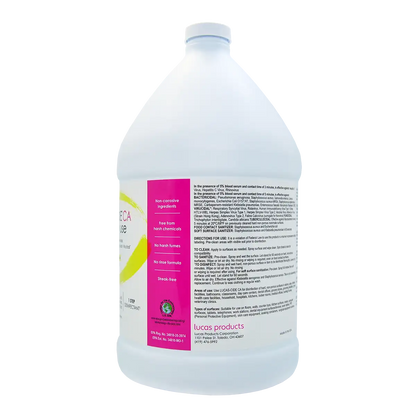 Lucas-Cide CA disinfectant gallon jug back label showing non-corrosive scent-free formula