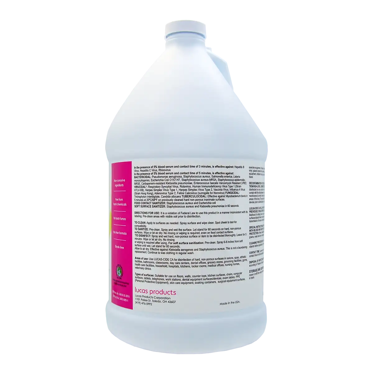 Lucas-Cide CA disinfectant gallon jug side view highlighting no rinse and safety features