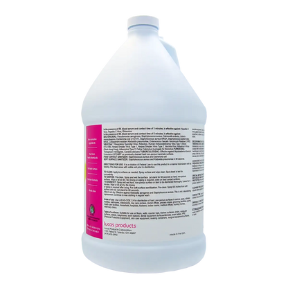 Lucas-Cide CA disinfectant gallon jug side view highlighting no rinse and safety features