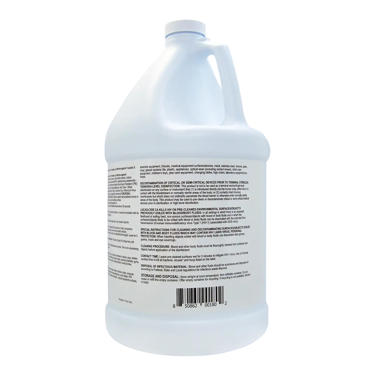 Lucas-Cide CA disinfectant gallon rear label with sterilization and disposal instructions