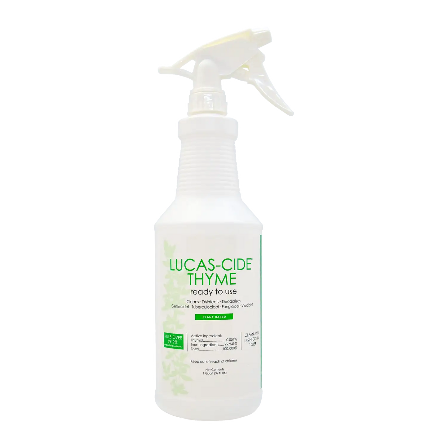 Lucas-Cide Thyme plant-based disinfectant spray bottle front view with green leafy graphics