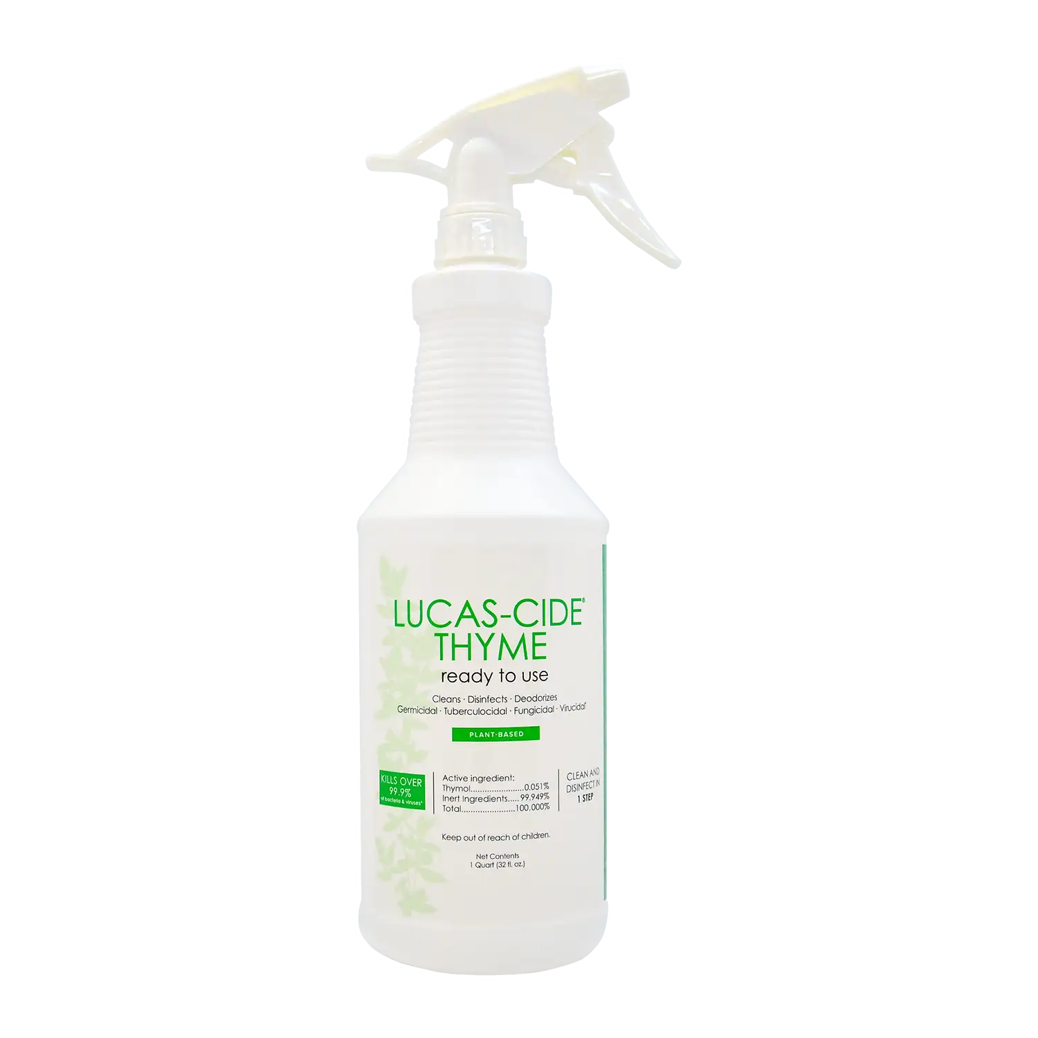 Lucas-Cide Thyme plant-based disinfectant spray bottle front view with green leafy graphics