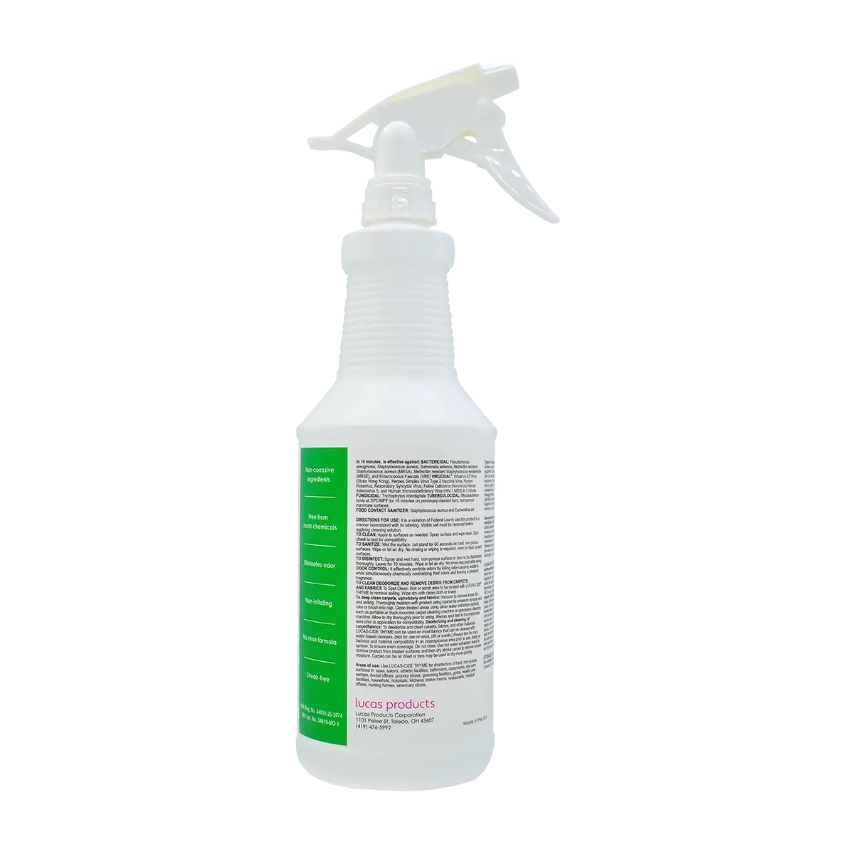 Lucas-Cide botanical disinfectant side angle showing ammonia-free and non-irritating features