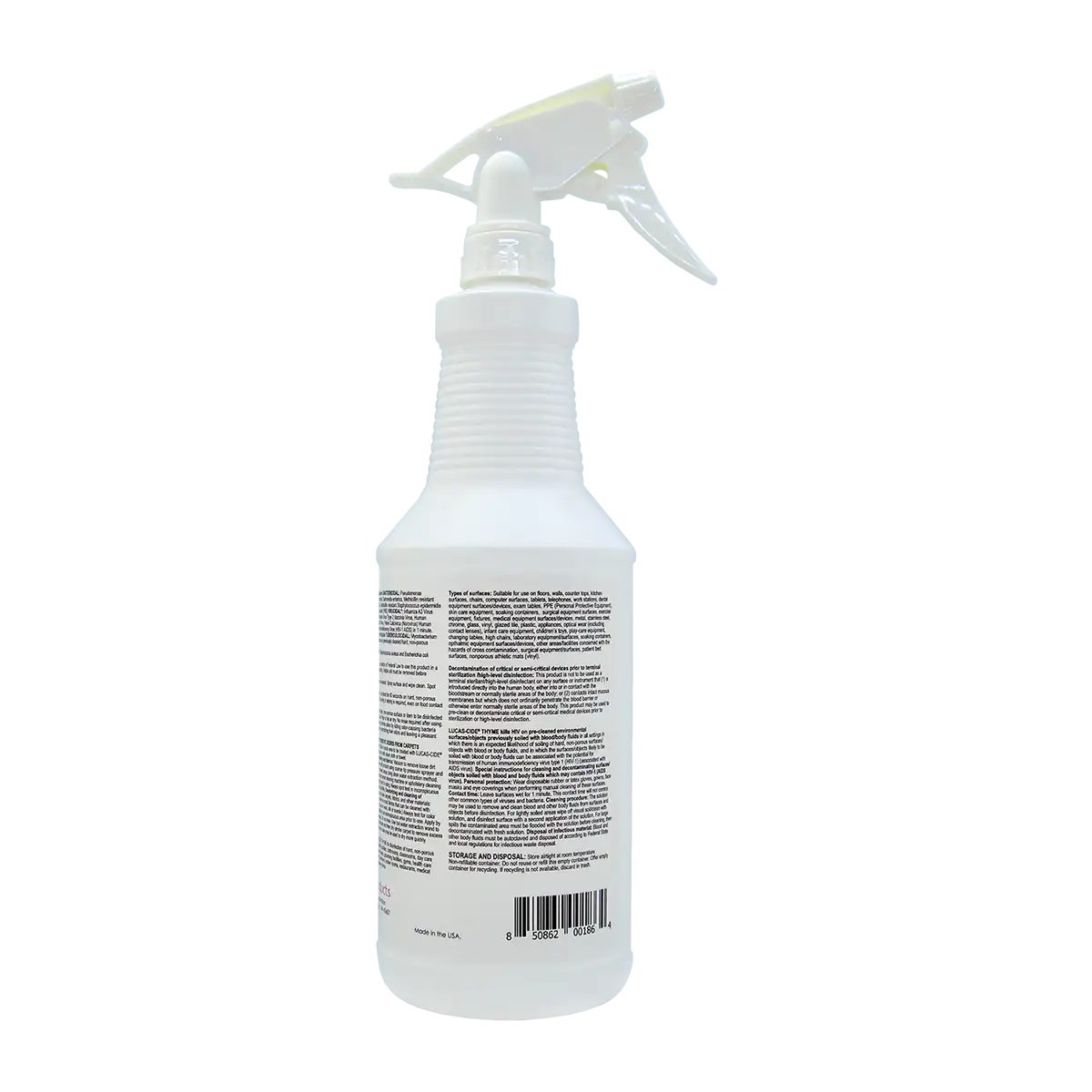 Lucas-Cide Thyme disinfectant back label with usage instructions and thymol details