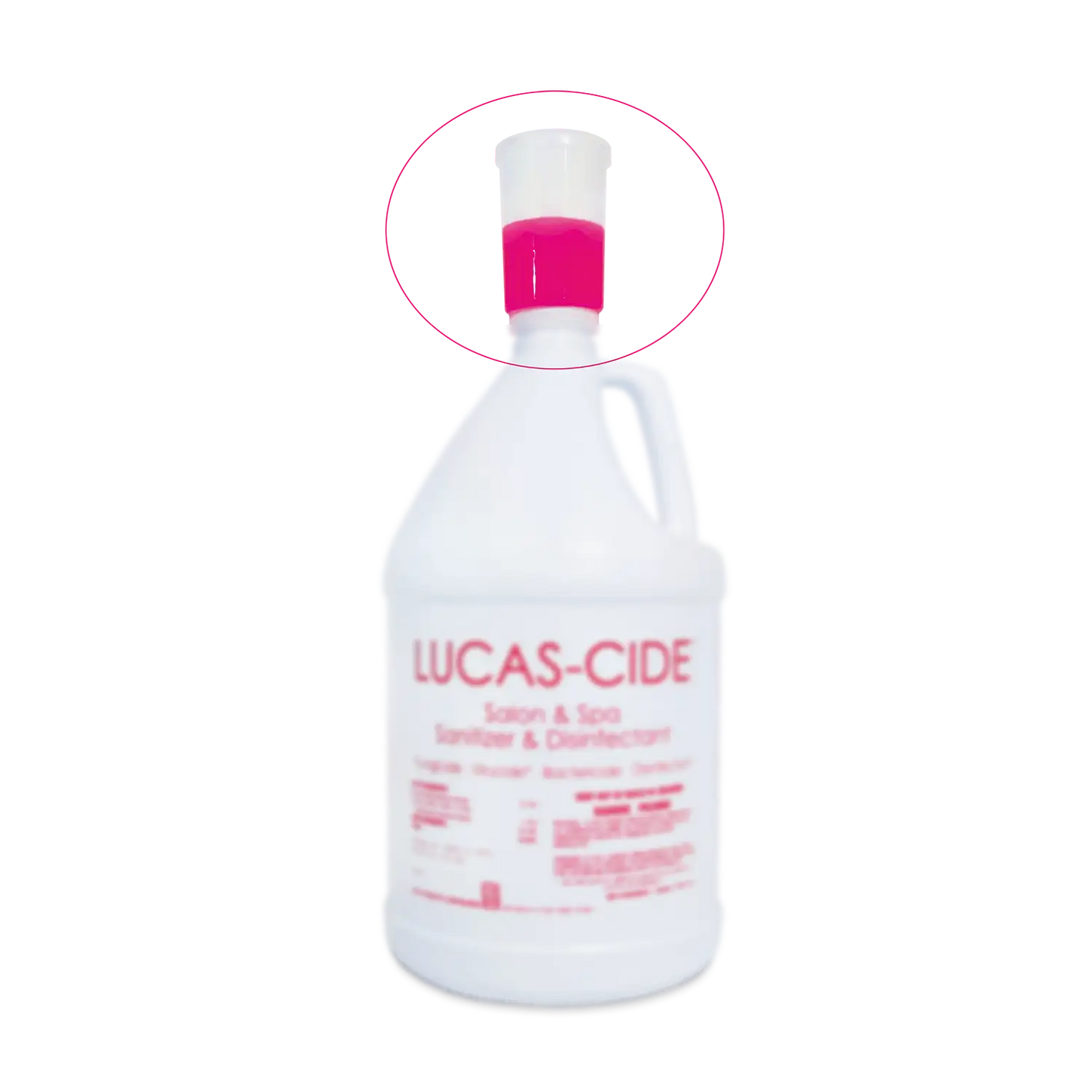 Lucas-Cide gallon jug with white squeeze and pour lid for salon disinfectant