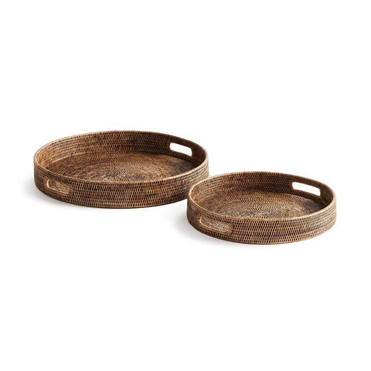 BURMA RATTAN ROUND OTTOMAN TRAYS SMALL, SET OF 2