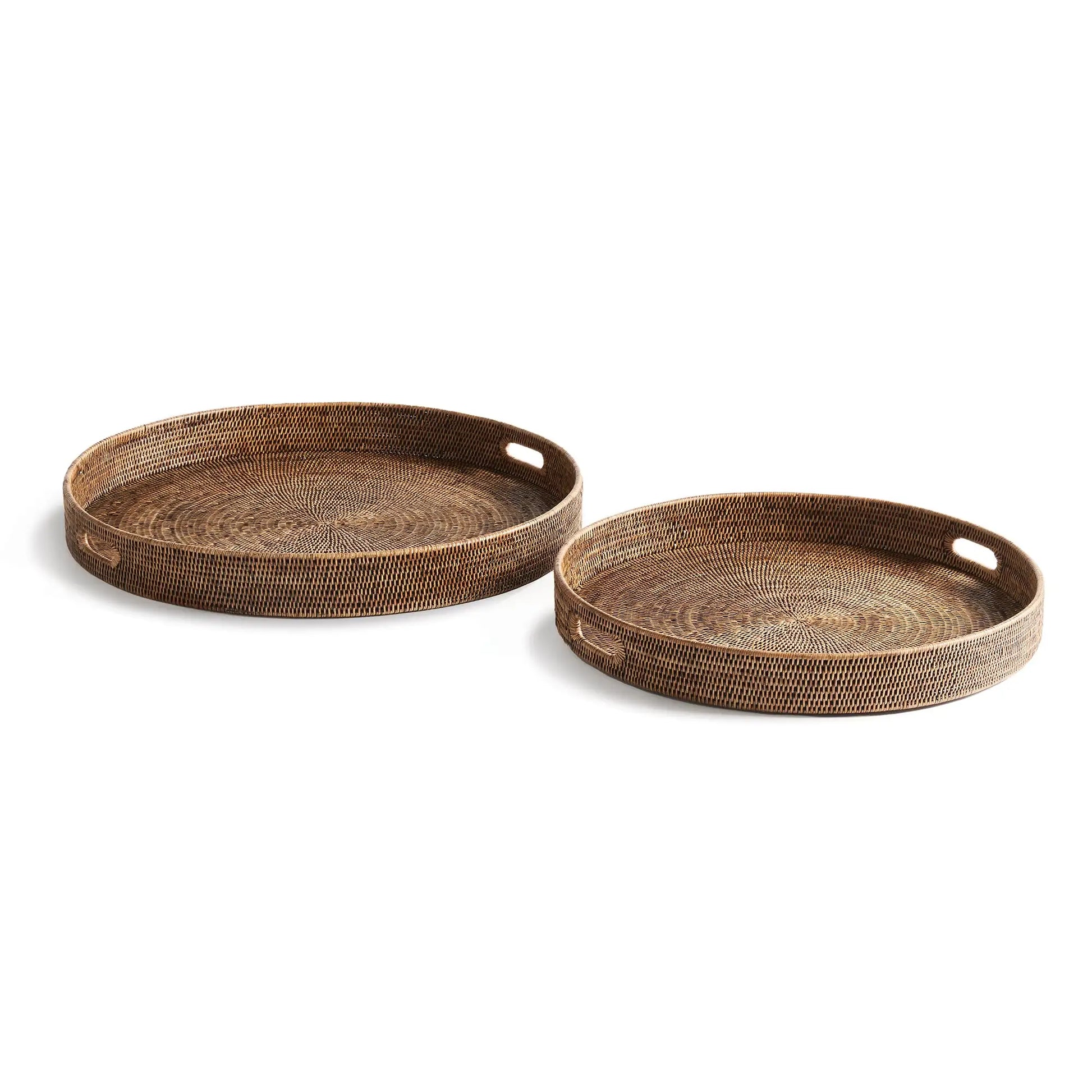 BURMA RATTAN ROUND OTTOMAN TRAYS LARGE, SET OF 2