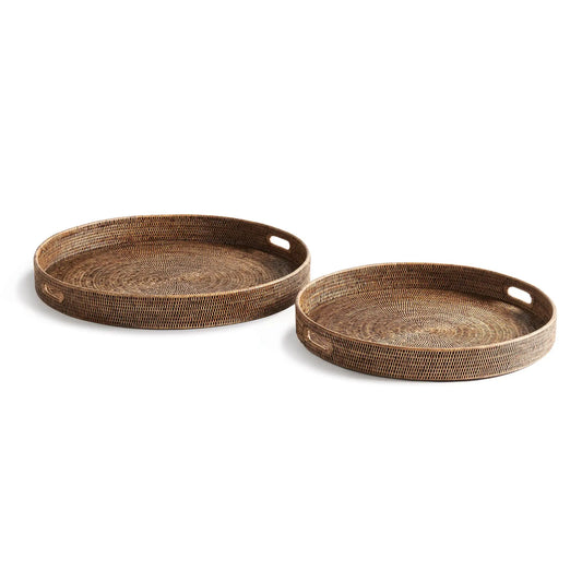 BURMA RATTAN ROUND OTTOMAN TRAYS LARGE, SET OF 2